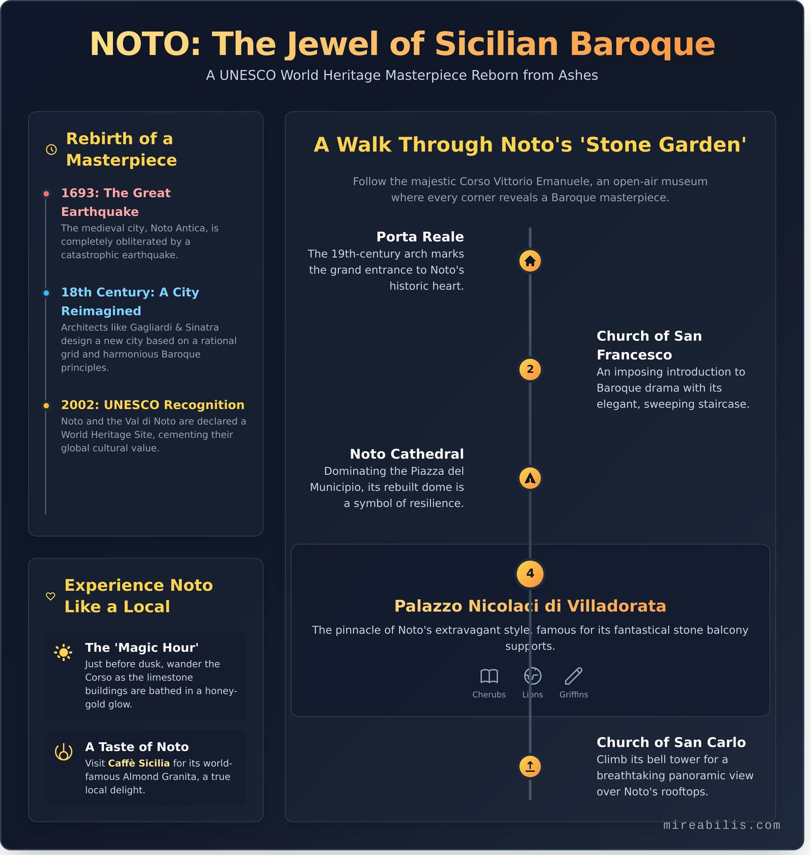 Noto, Sicily: A Mireabilis Guide to the Baroque Jewel of Val di Noto - Infographic