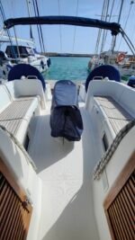 Beneteau Cyclades 43.3 //
https://www.beneteau.com/cyclades/cyclades-433
//
Capacity:
8 persons max. - cruise mode (3x2/cabbins + 2/salon)
10-11 persons max. - day sailing
//
Interior:
3 double ensuite cabbins + salon/galley
//
Hull (mono, glassfibre):
13.26m(LOA), 4.43(beam), 1.90m(draft)
8980 Kg(displacement), 2900Kg(ballast)
//
Rigging (Bermuda):
15.45m(mast), 5.35m(boom), 39.85sqm(mainsail), 36sqm(jib)=75.85sqm
//
Motor (diesel):
Yanmar 56hp(42KW)
//
Year:2006
//
Extras:
Portable petrol electric generator//
220V/AC air conditioning unit//
200W solar panels with inverter and 2400W battery//
5-unit kitchen sink ultra-filtration system//
automatic cool water dispenser//
large USB batteries in each cabin//
Cockpit gas barbeque.